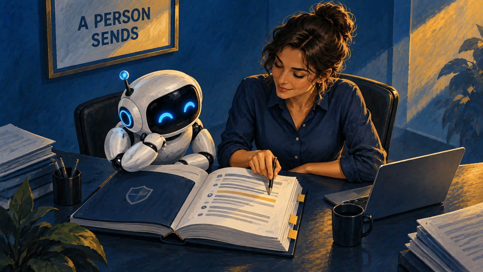 A robot reads a thick rulebook while a woman taps one line, under a framed sign that reads A person sends.