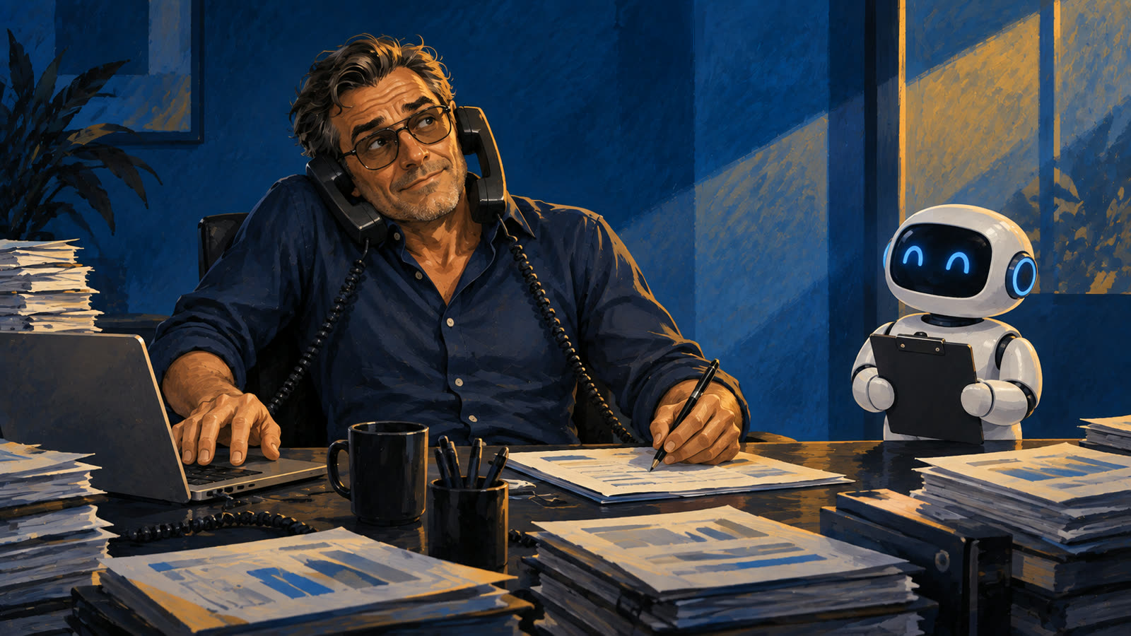 A man juggles two phones, a laptop, and a pen at once while a robot with a clipboard waits at the next desk.