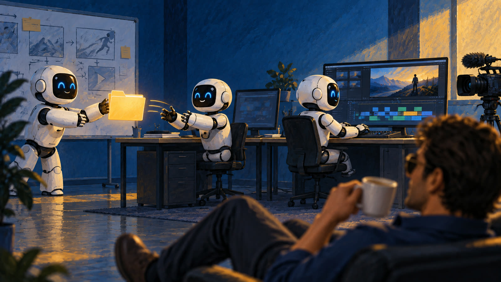 Three robots pass a glowing folder down a line to a video editing station while a man with a coffee watches.