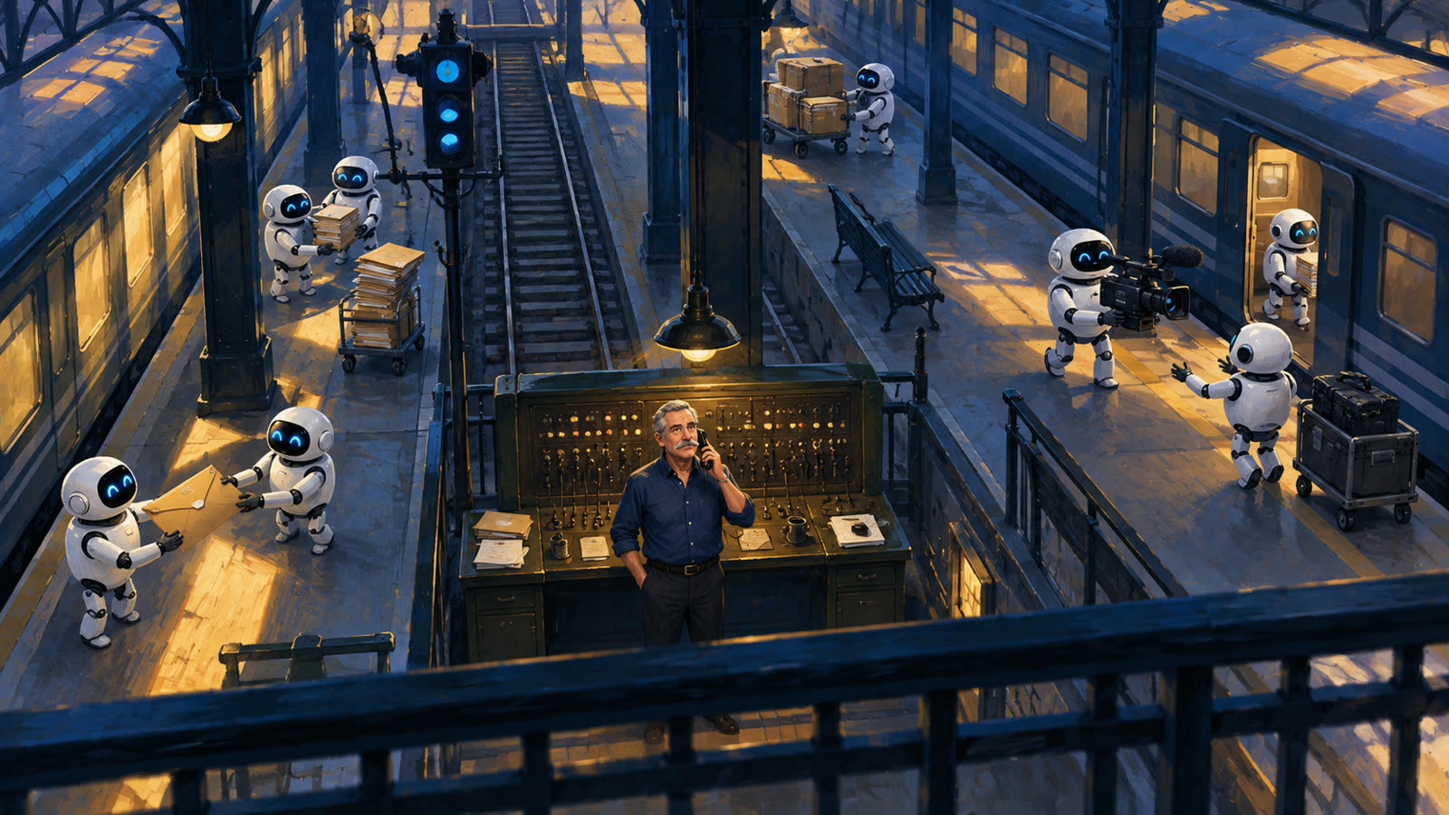 A man at a train station switchboard while robots carry boxes, folders, and a camera between platforms.