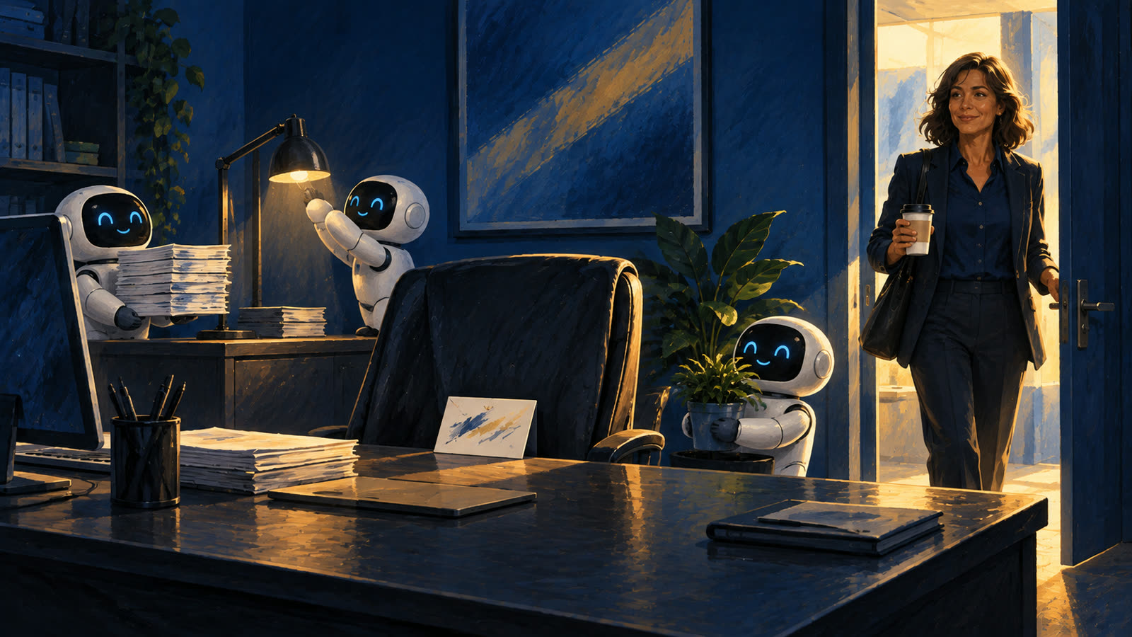 A woman walks in with her morning coffee to find robots have already set up her office and left a briefing on her chair.