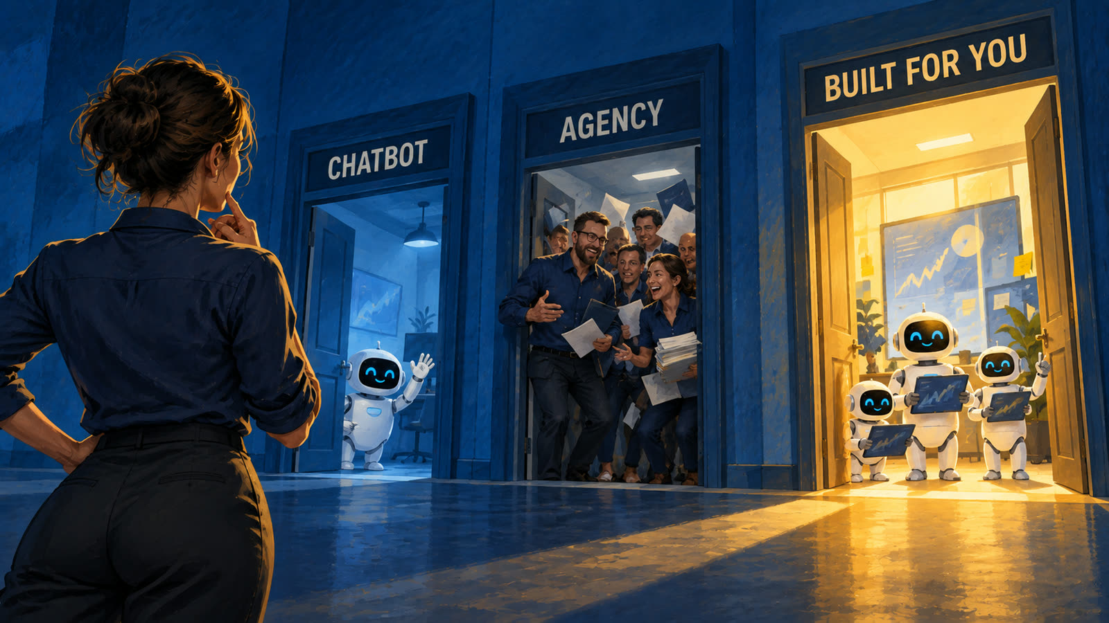 A woman faces three doorways labeled Chatbot, Agency, and Built for you, with a small robot team glowing in the last one.