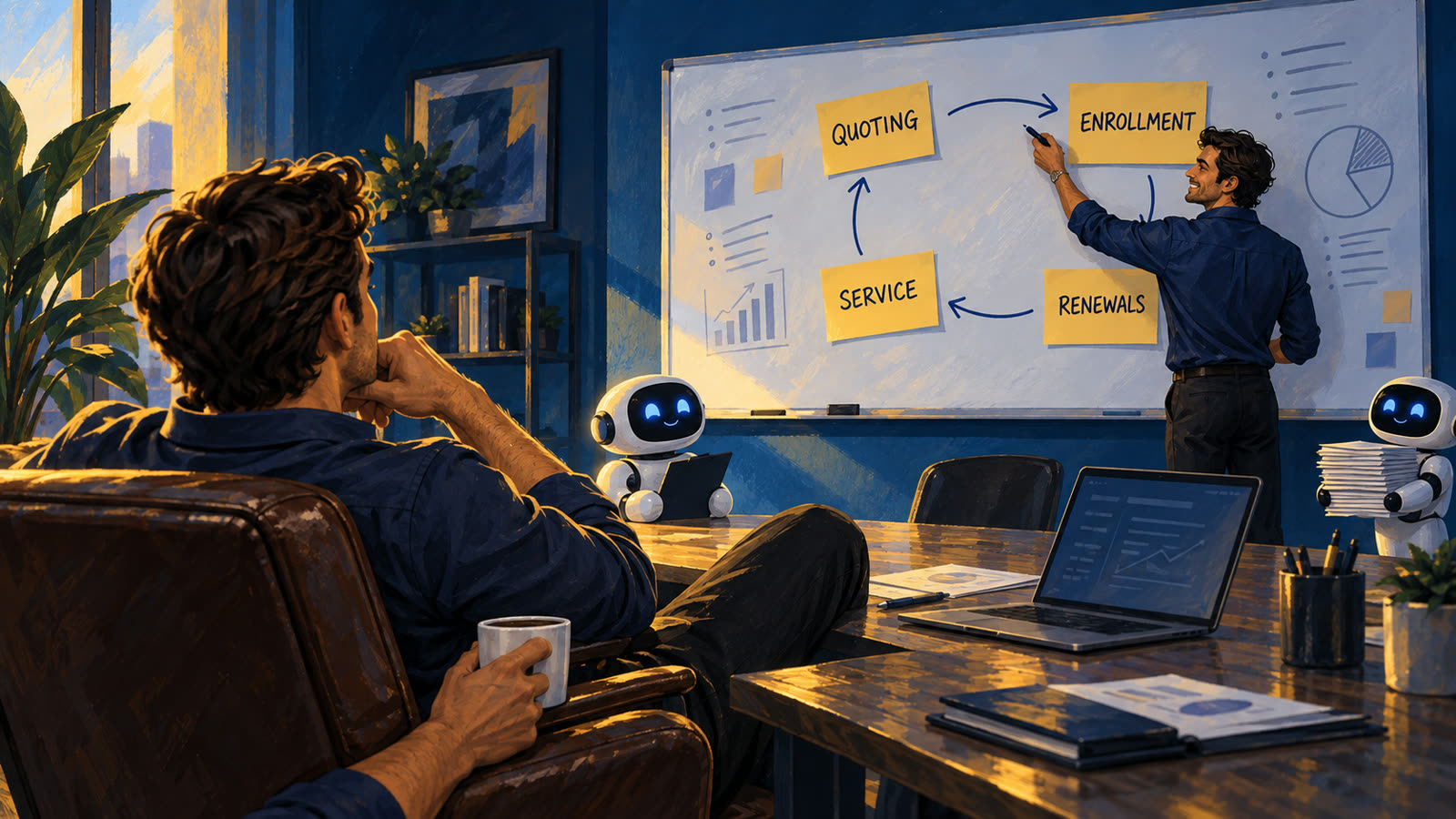 A consultant maps quoting, enrollment, service, and renewals on a whiteboard while an agency owner watches with a coffee.