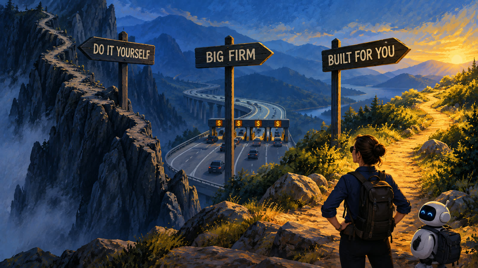 A woman at a trailhead with signs for Do it yourself up a cliff, Big firm down a toll road, and Built for you along a lit path.