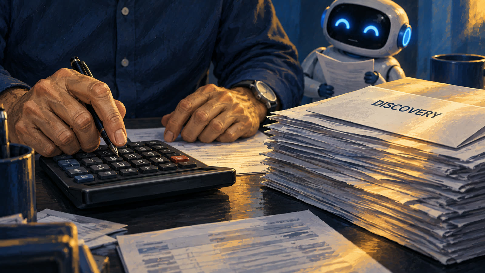 Close on a calculator and a stack of time sheets topped by an envelope marked Discovery.