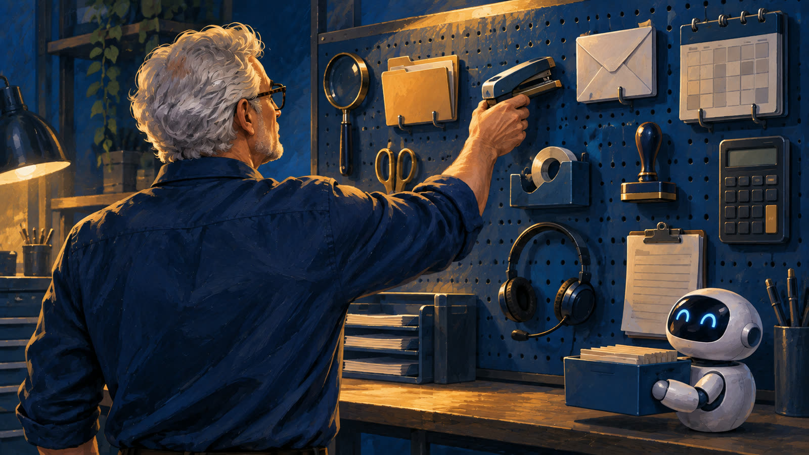 A white haired man picks a tool off a pegboard of office tasks while a small robot waits.