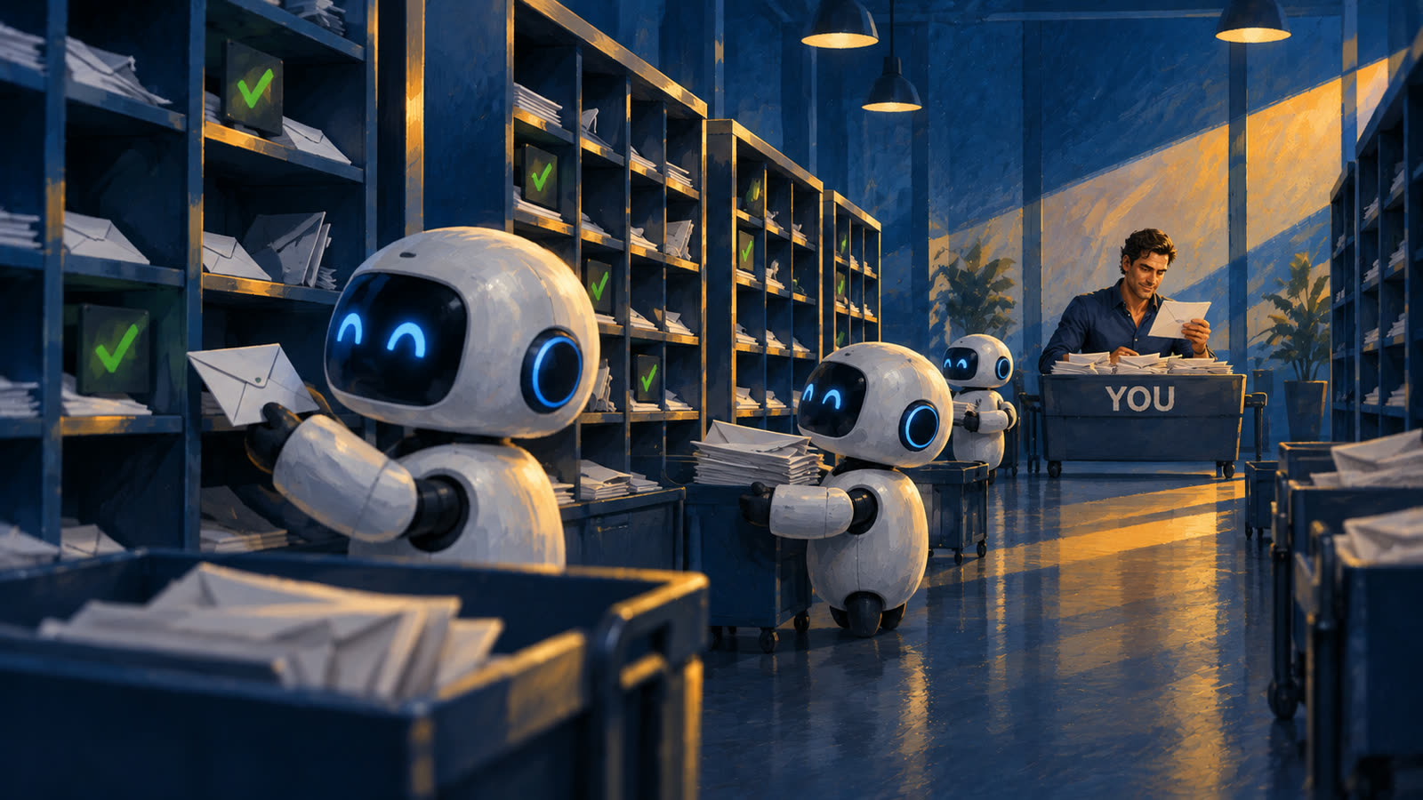 Robots sort mail into checked slots while a man at the far end reads from a tray labeled You.