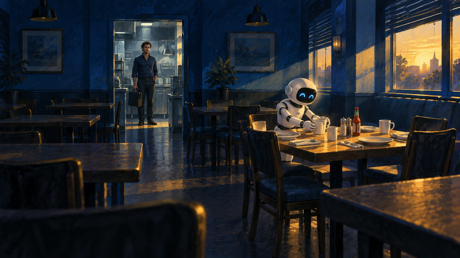 An empty restaurant at dawn where a small robot sets the one table that is ready, while a producer watches from the kitchen door.