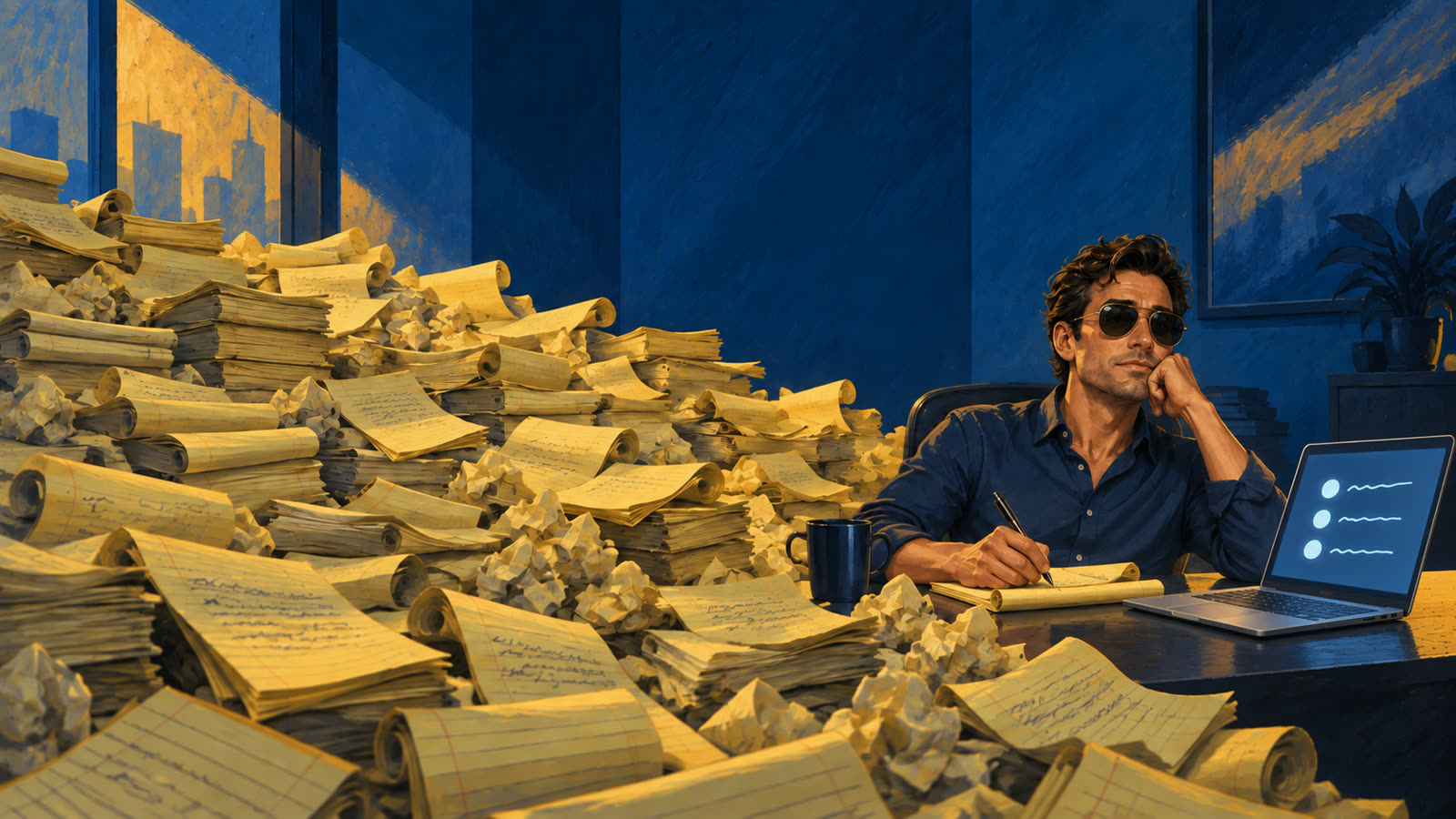 A man writing in a yellow legal pad, half buried in a drift of used notepads, while his laptop shows three neat bullet points.