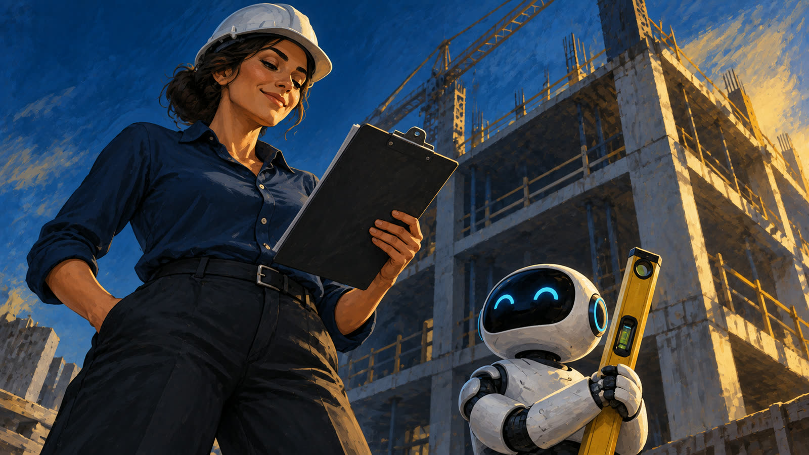 A woman in a hard hat reads a checklist at a construction site beside a robot holding a level.