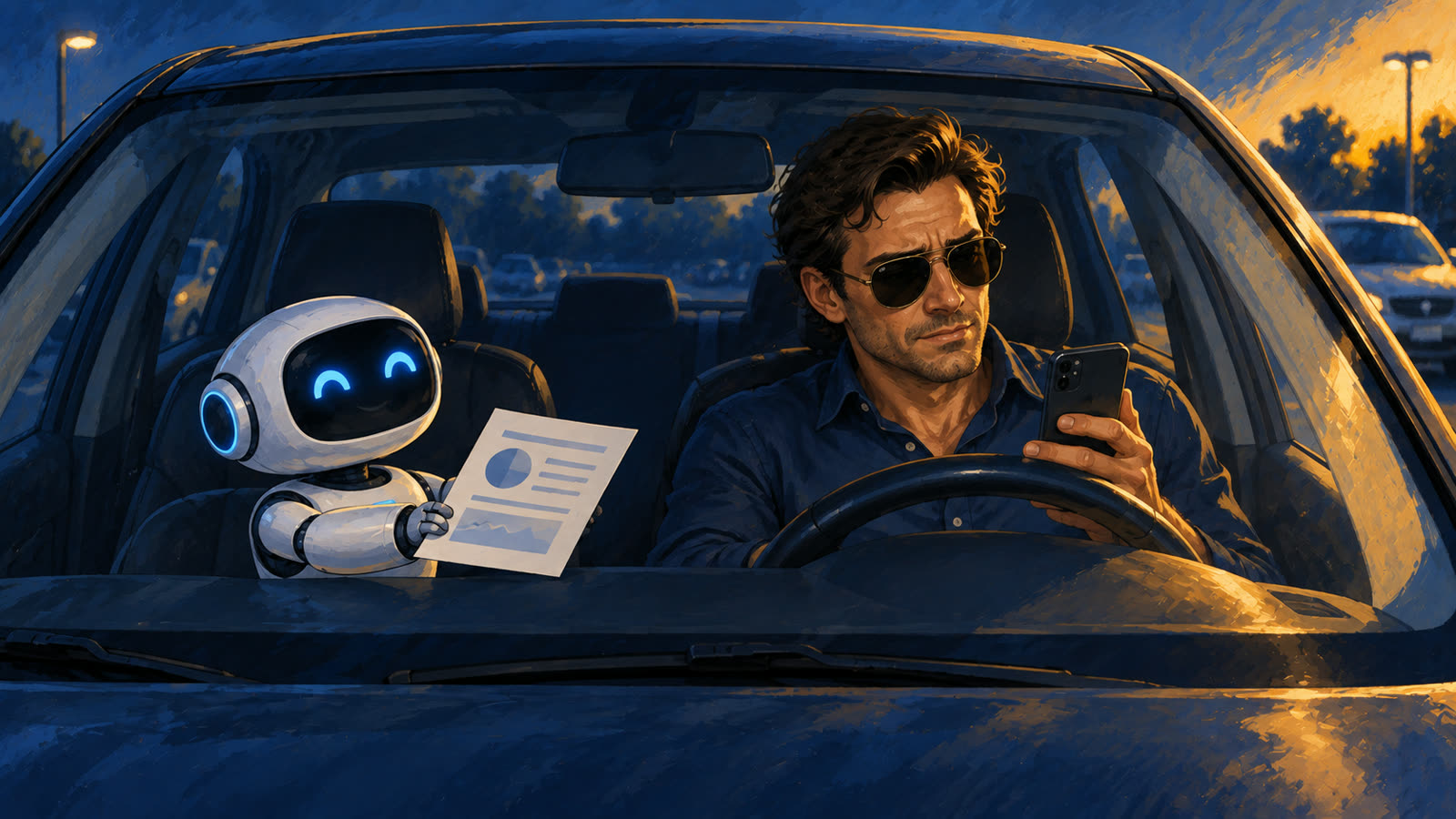 A producer in a parked car checks his phone while a robot in the passenger seat hands him a one page brief.
