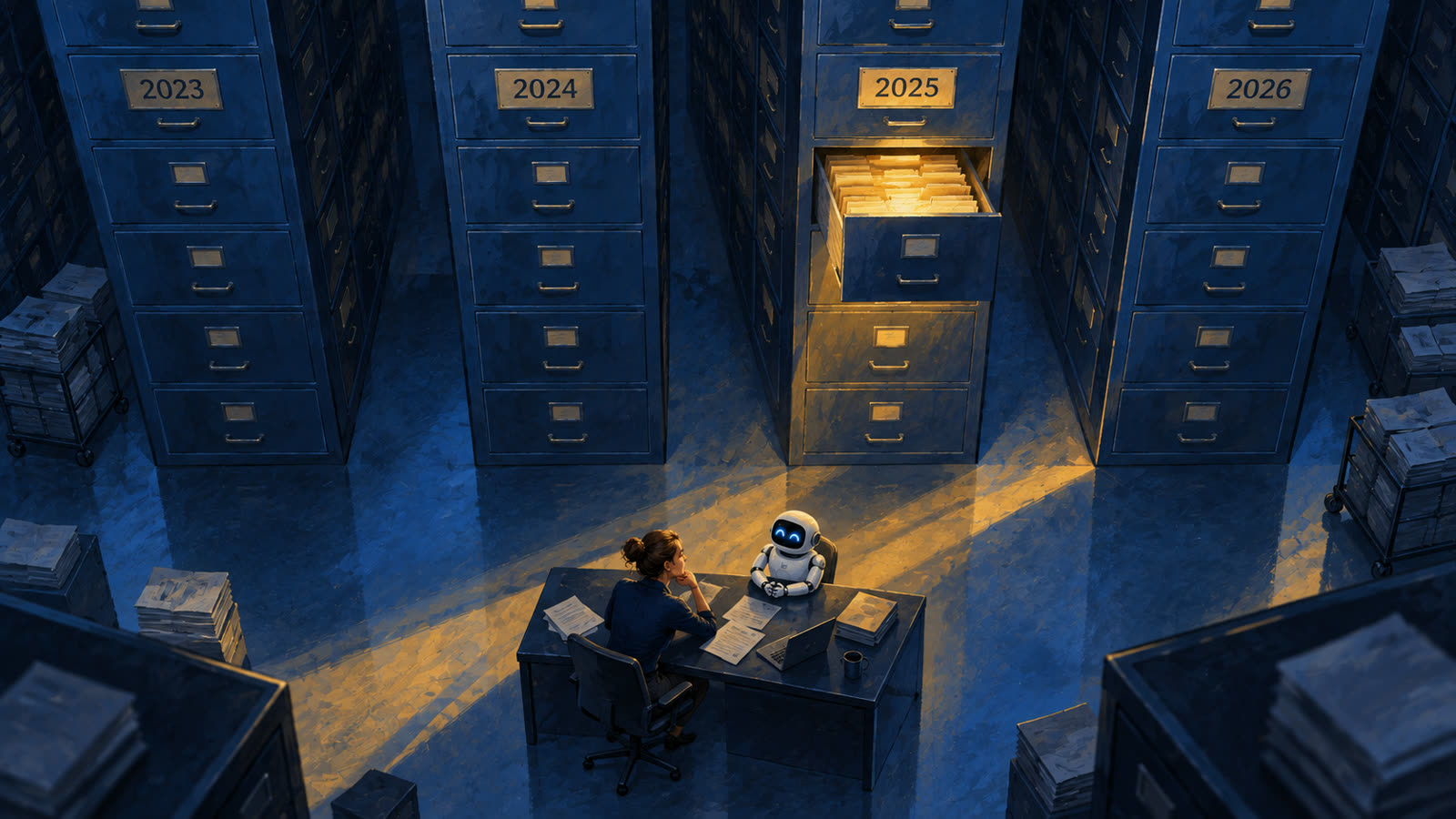 A woman and a robot at a small desk beneath towering filing cabinets labeled by year, one drawer glowing.