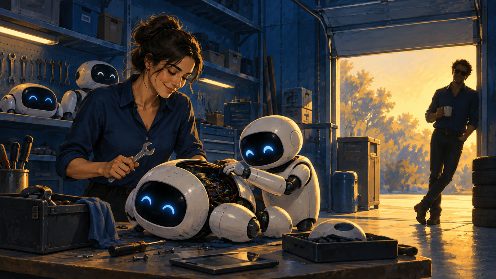 A woman with a wrench helps one robot repair another while the consultant leans in the garage door with a coffee.