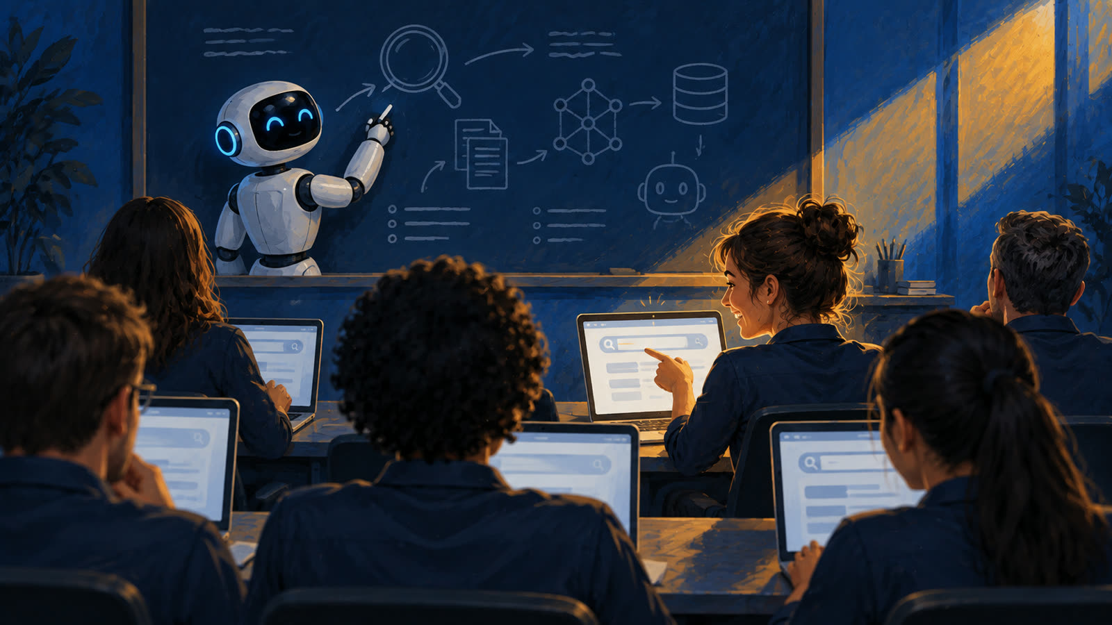 A classroom of adults at laptops while a robot teaches at a chalkboard and one student points at her screen.
