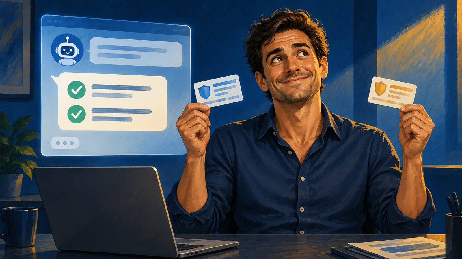 A hopeful employee holds up two insurance cards while a chat window answers beside him.