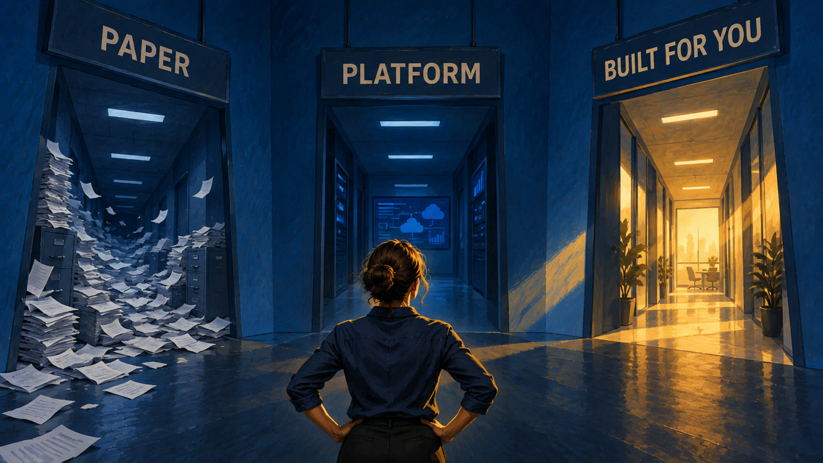 A woman faces three hallways labeled Paper, Platform, and Built for you; the paper hallway is flooded with forms.