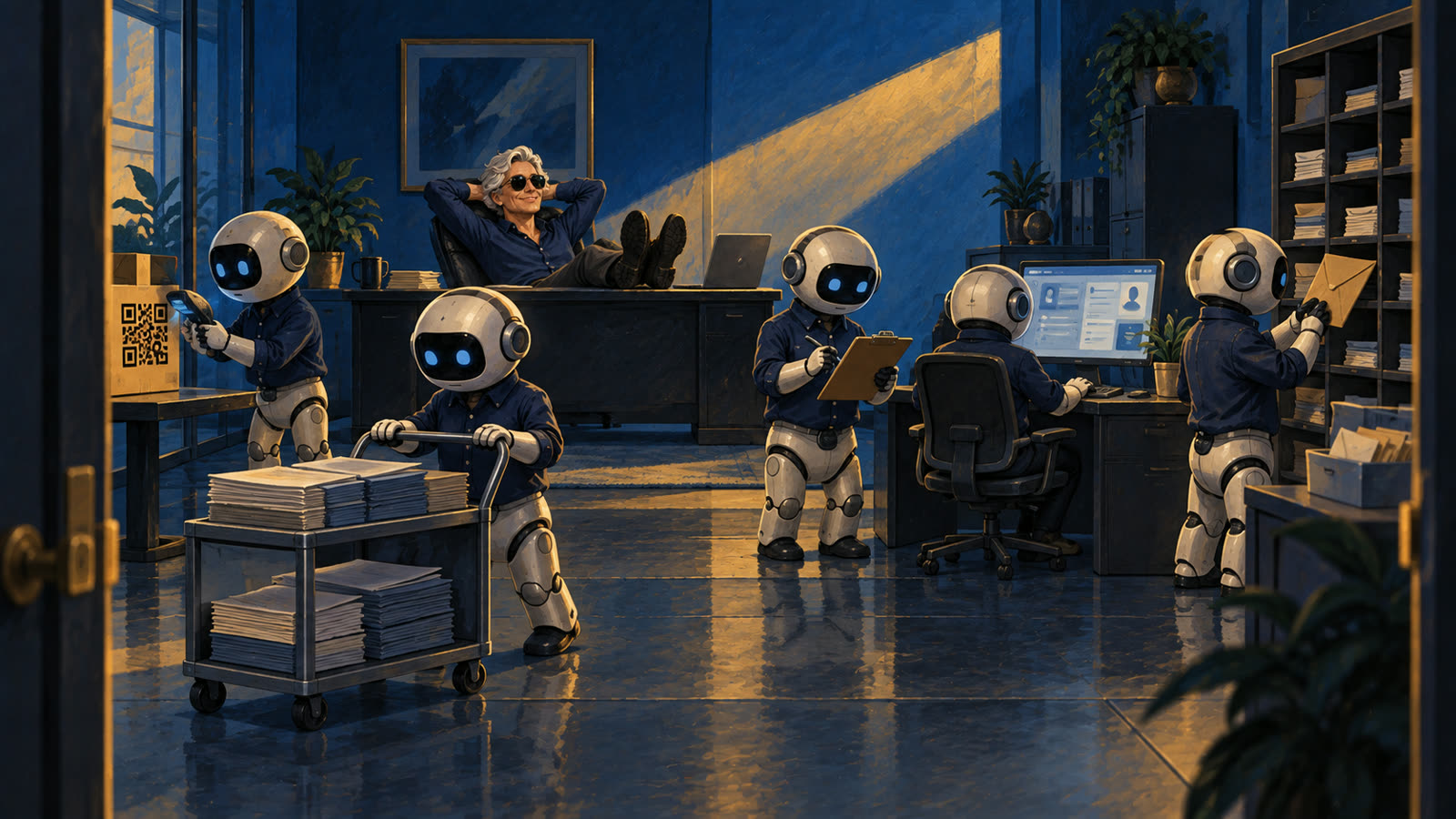 A silver haired woman with her feet up while robots scan a QR code, push a cart of spreadsheets, check a clipboard, and update a CRM.
