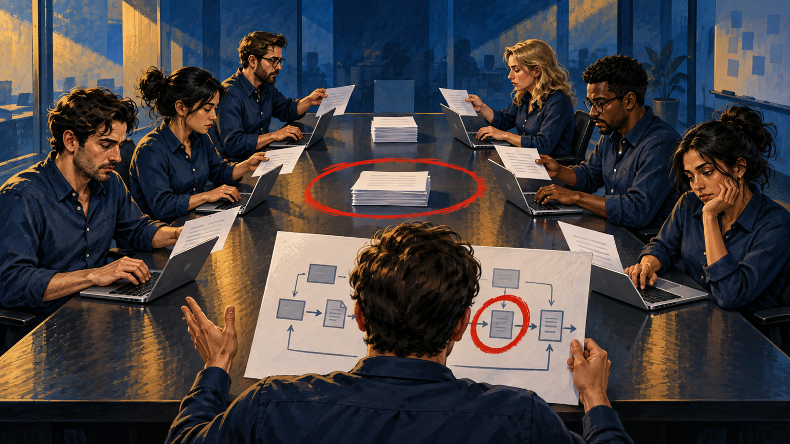 Employees retype the same paper around a table while a consultant holds a process map with one step circled in red.