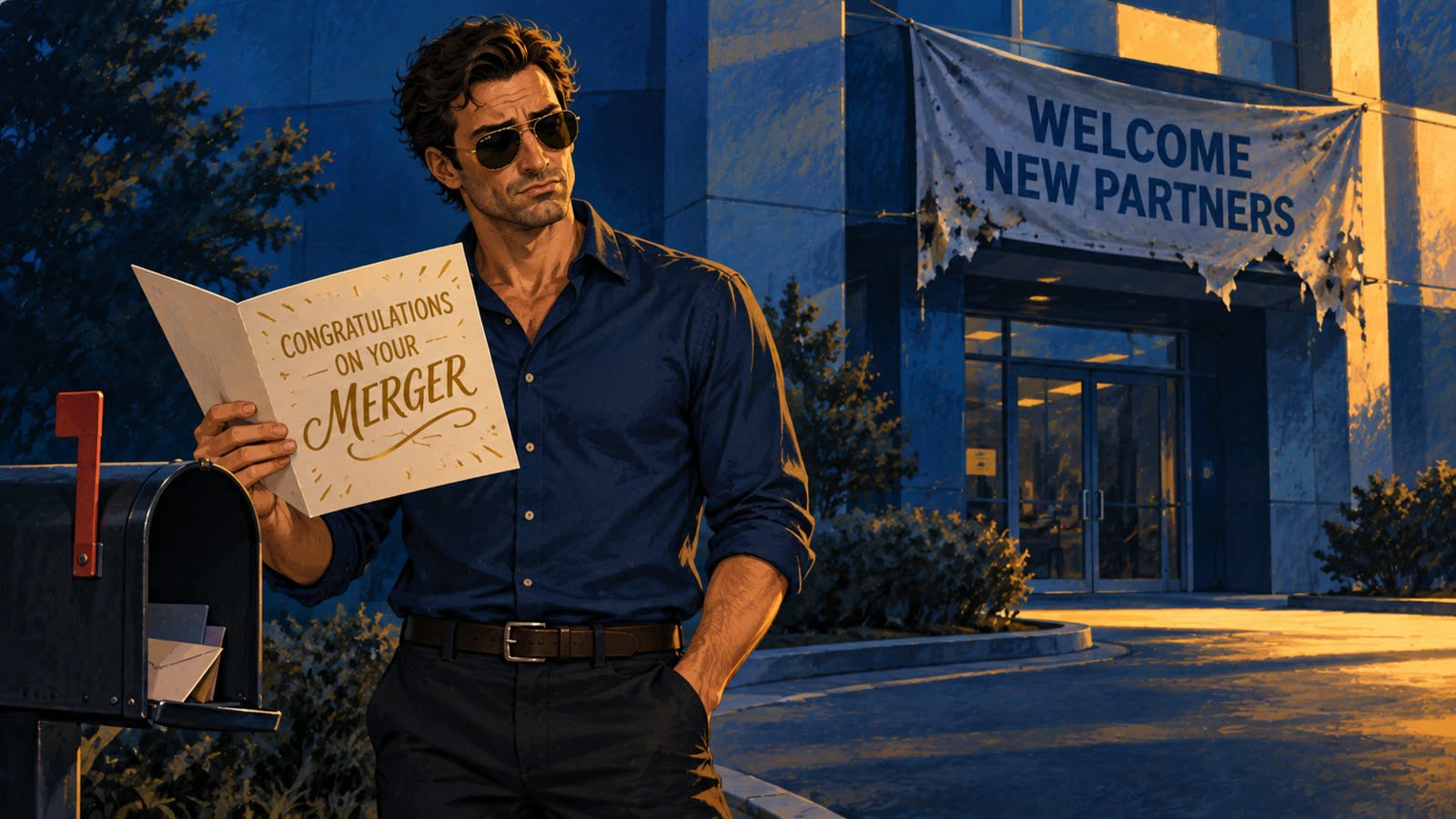 A salesman at a mailbox holds a congratulations card while a years-old welcome banner peels off the building behind him.