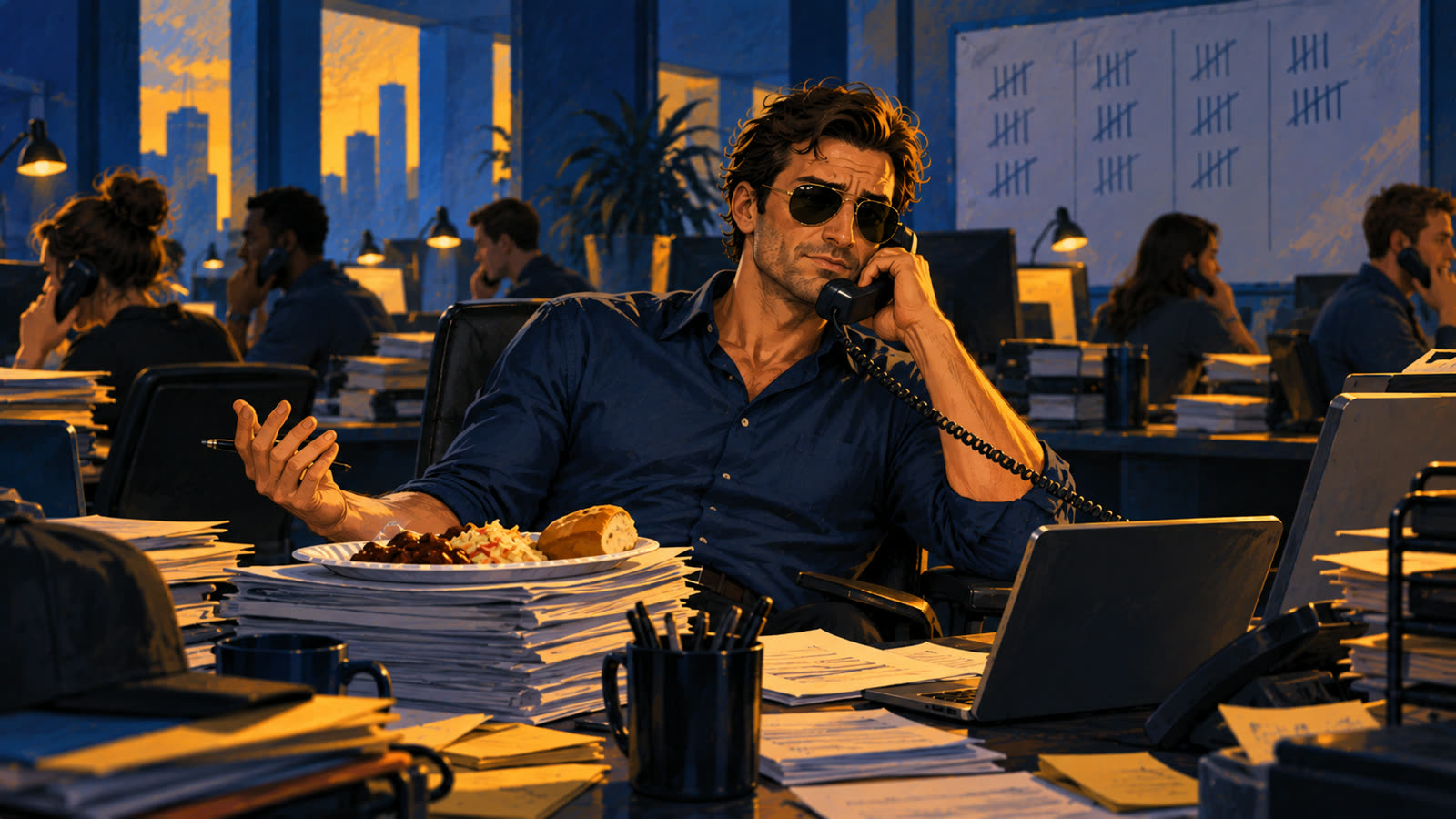 A salesman on a desk phone during a call blitz, a plate of potluck food on his lists and tally marks on the whiteboard behind him.