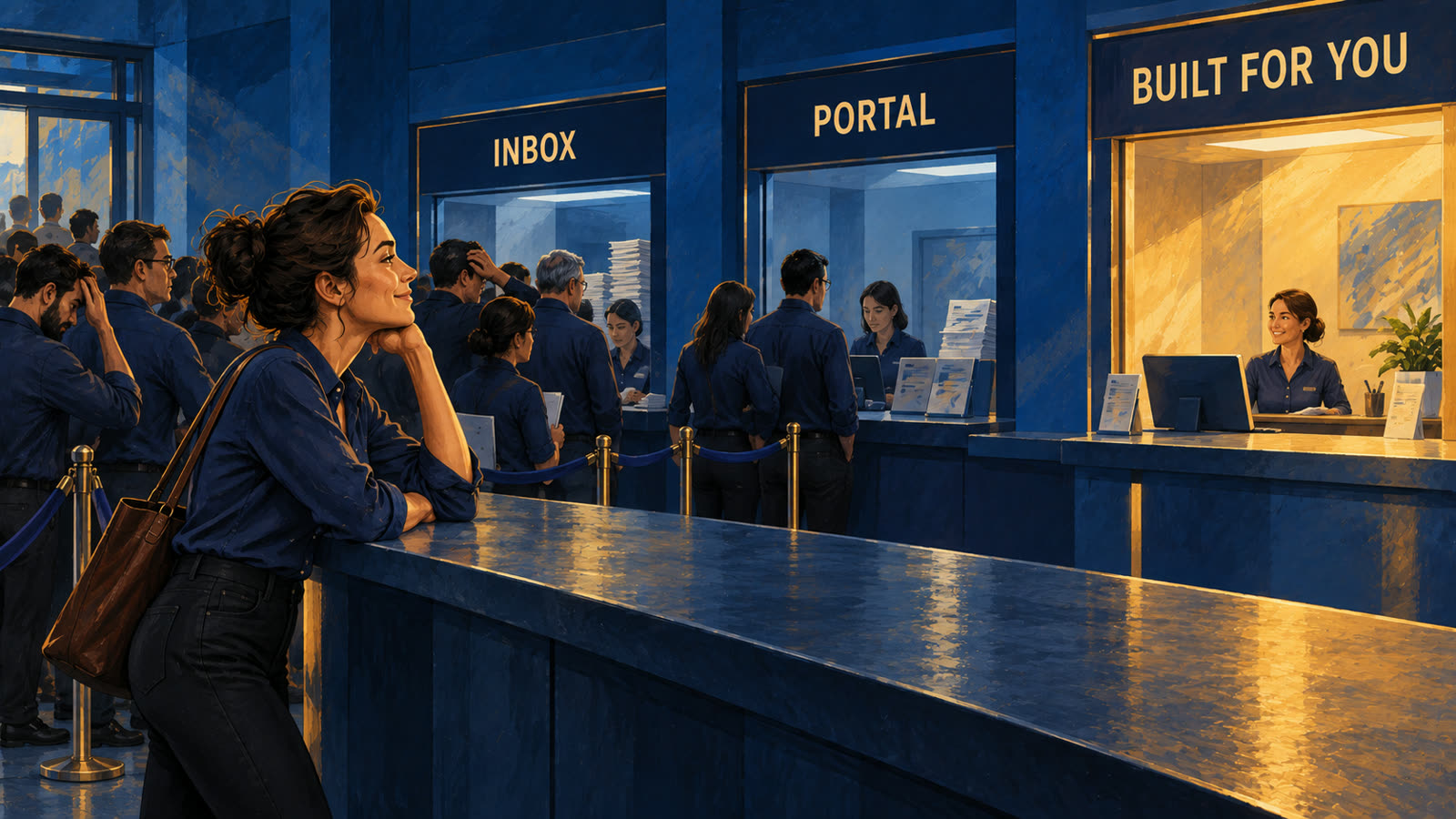 A woman at a help desk with three windows labeled Inbox, Portal, and Built for you; only the first two have lines.
