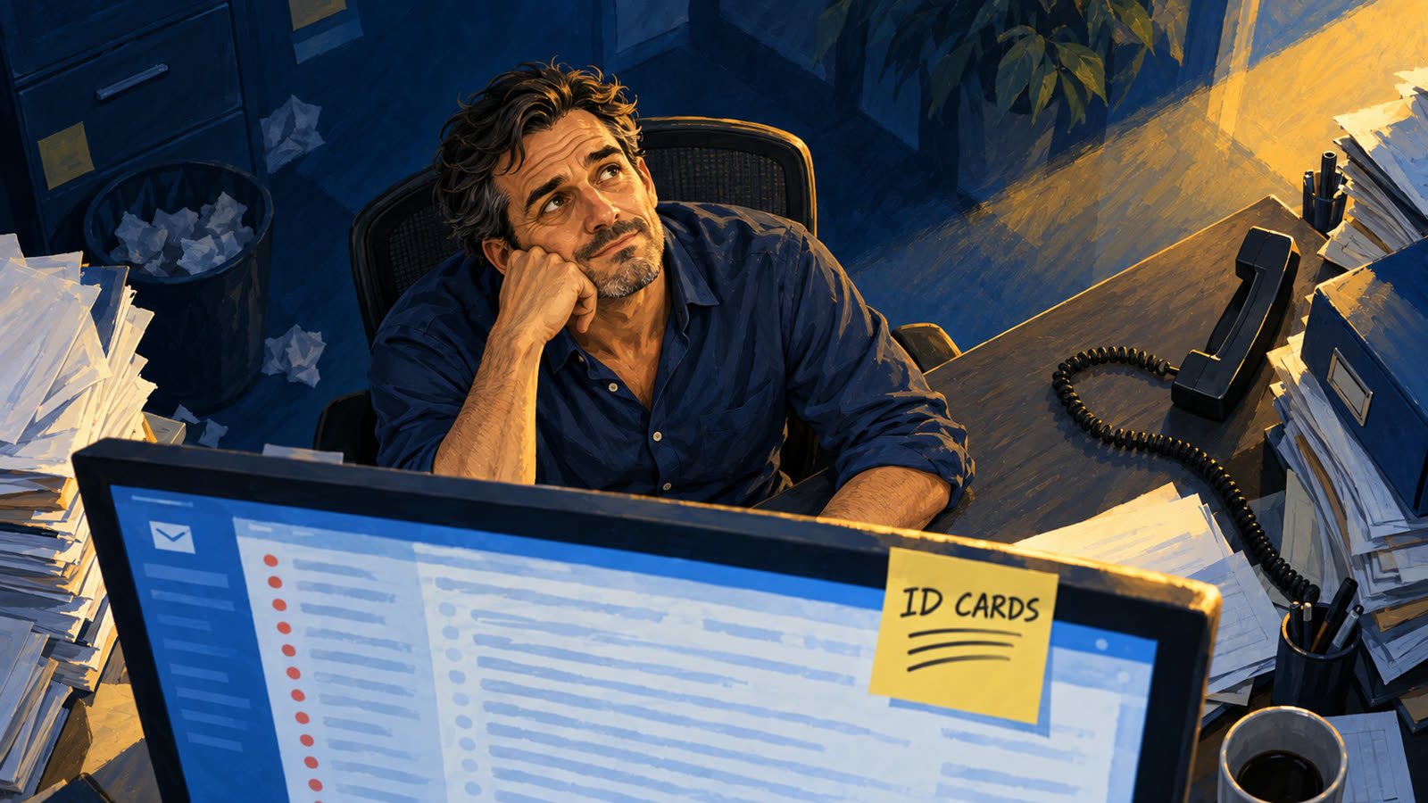 An account manager stares past an overflowing inbox with a sticky note that says ID cards and the phone off the hook.