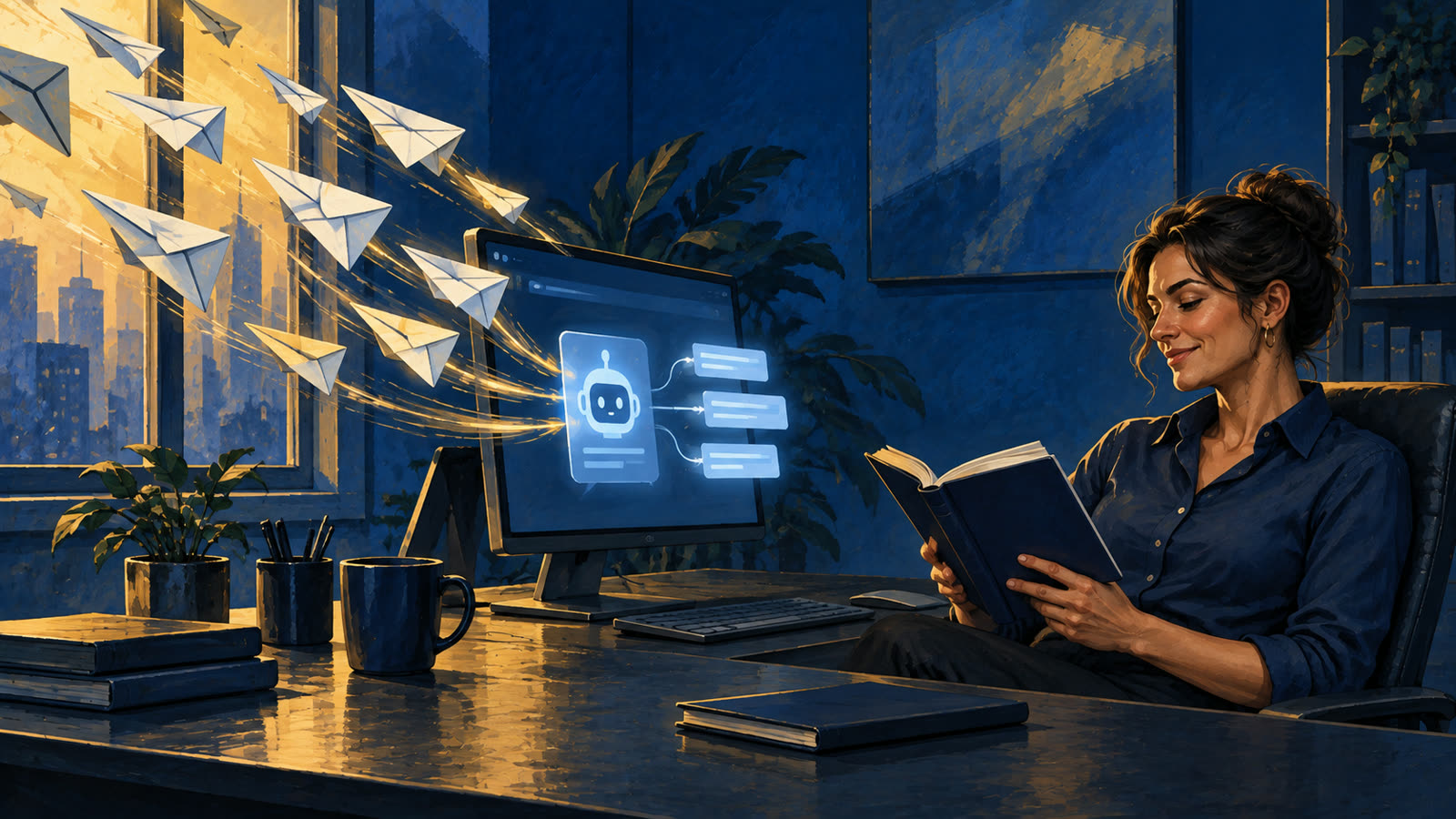 An account manager reads a book while a chat window on her monitor answers a stream of paper airplane emails.