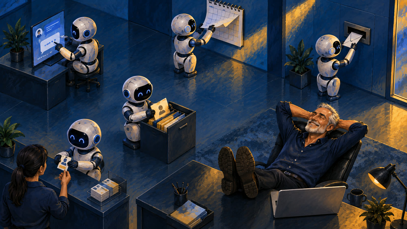 A bearded man reclines while robots hand out ID cards, answer a chat window, flip a calendar, and mail envelopes.