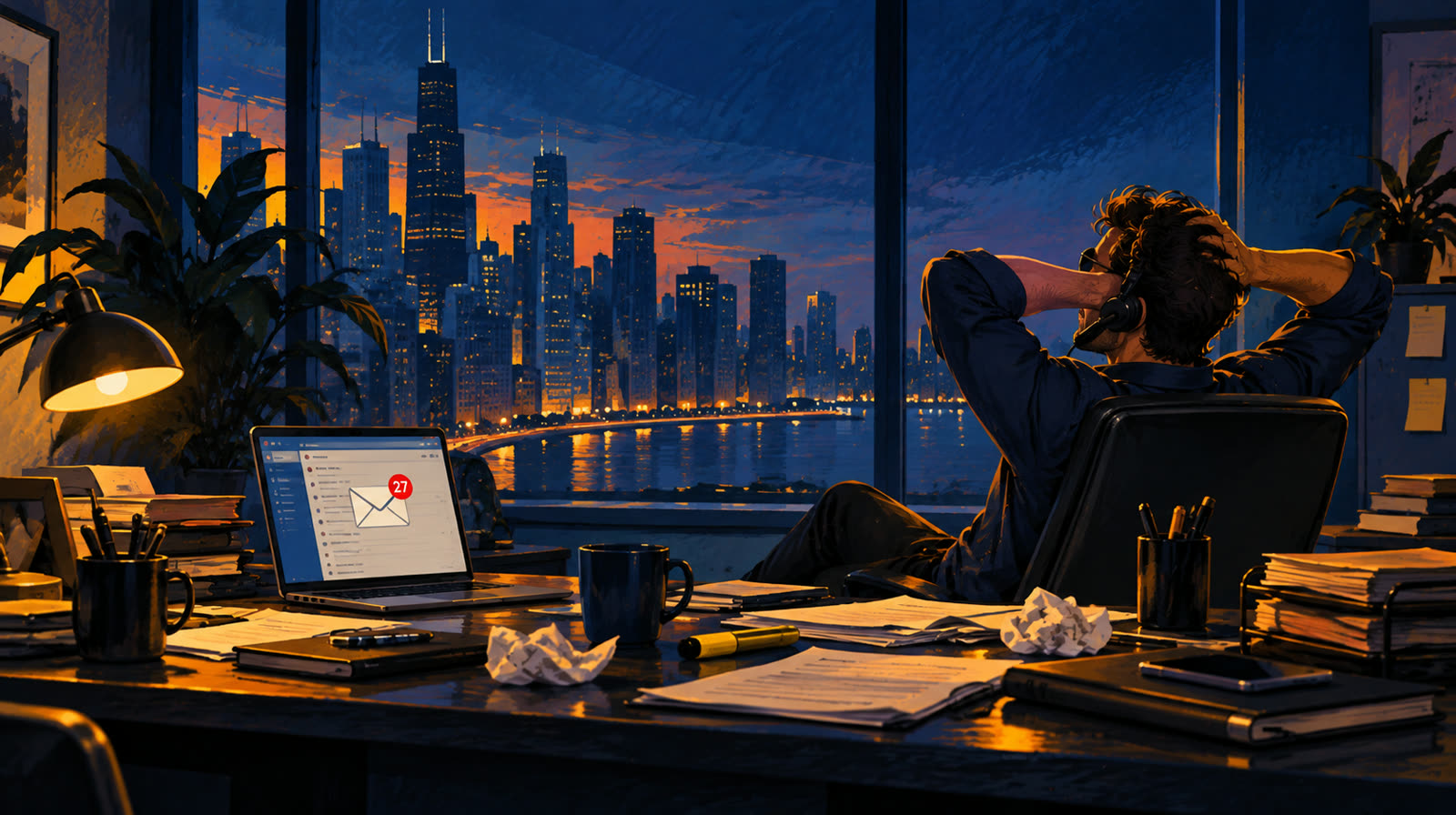 A salesman leans back from his desk at dusk, hands behind his head, while 27 unread replies glow on his laptop.