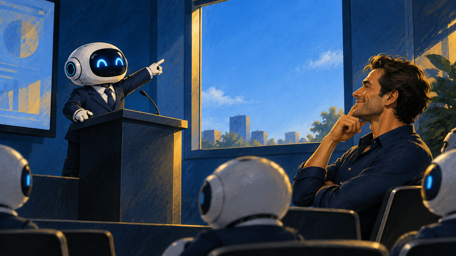 A robot in a suit argues at a lectern, pointing at a plainly blue sky, while a man nods along.