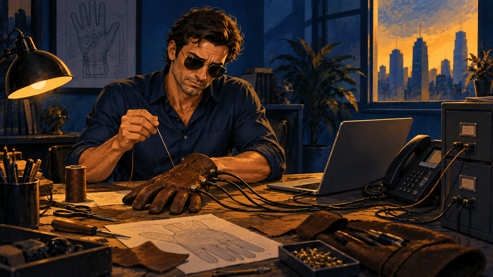A salesman at a workbench sews a leather glove shaped to his own hand, with cables running from it to a laptop, a phone, and a filing cabinet.