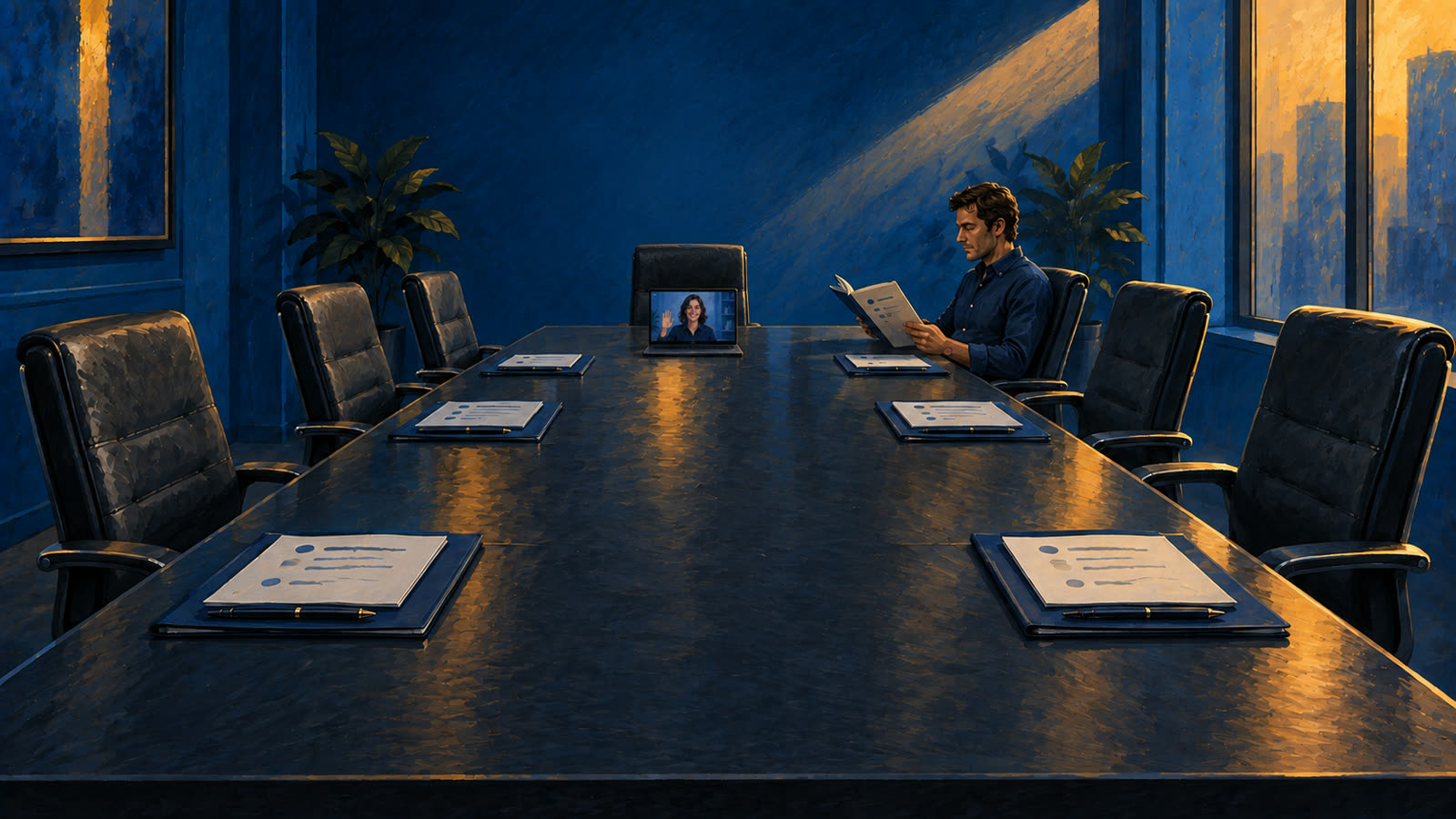 A long boardroom table of empty chairs with folders at each seat, one person reading at the far end.