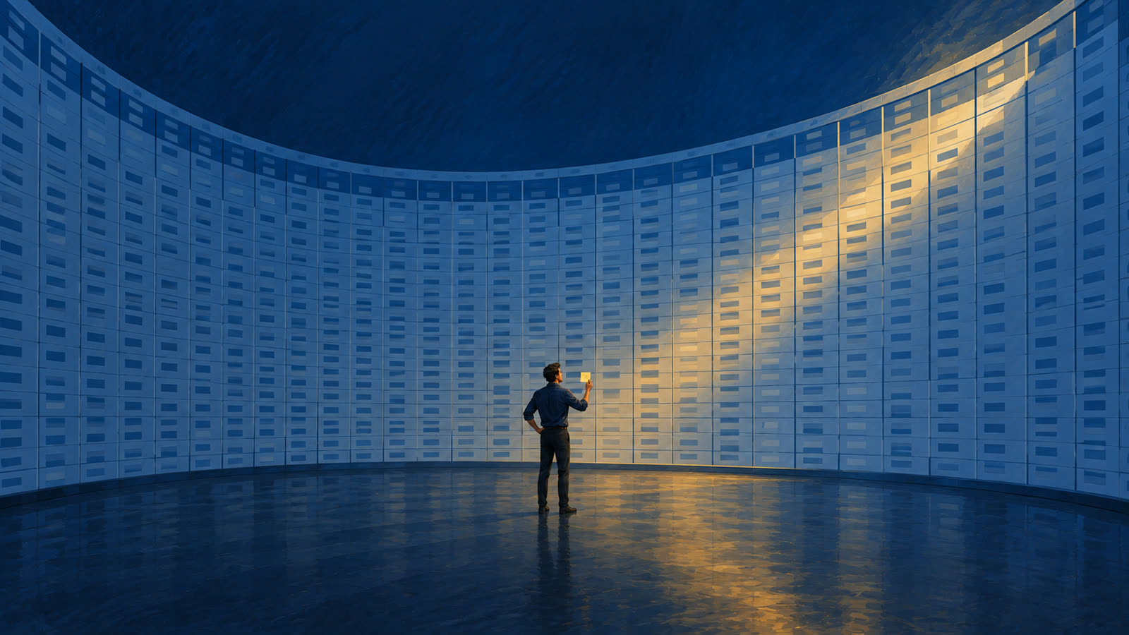 A tiny man stands inside a room whose curved walls are one enormous spreadsheet.