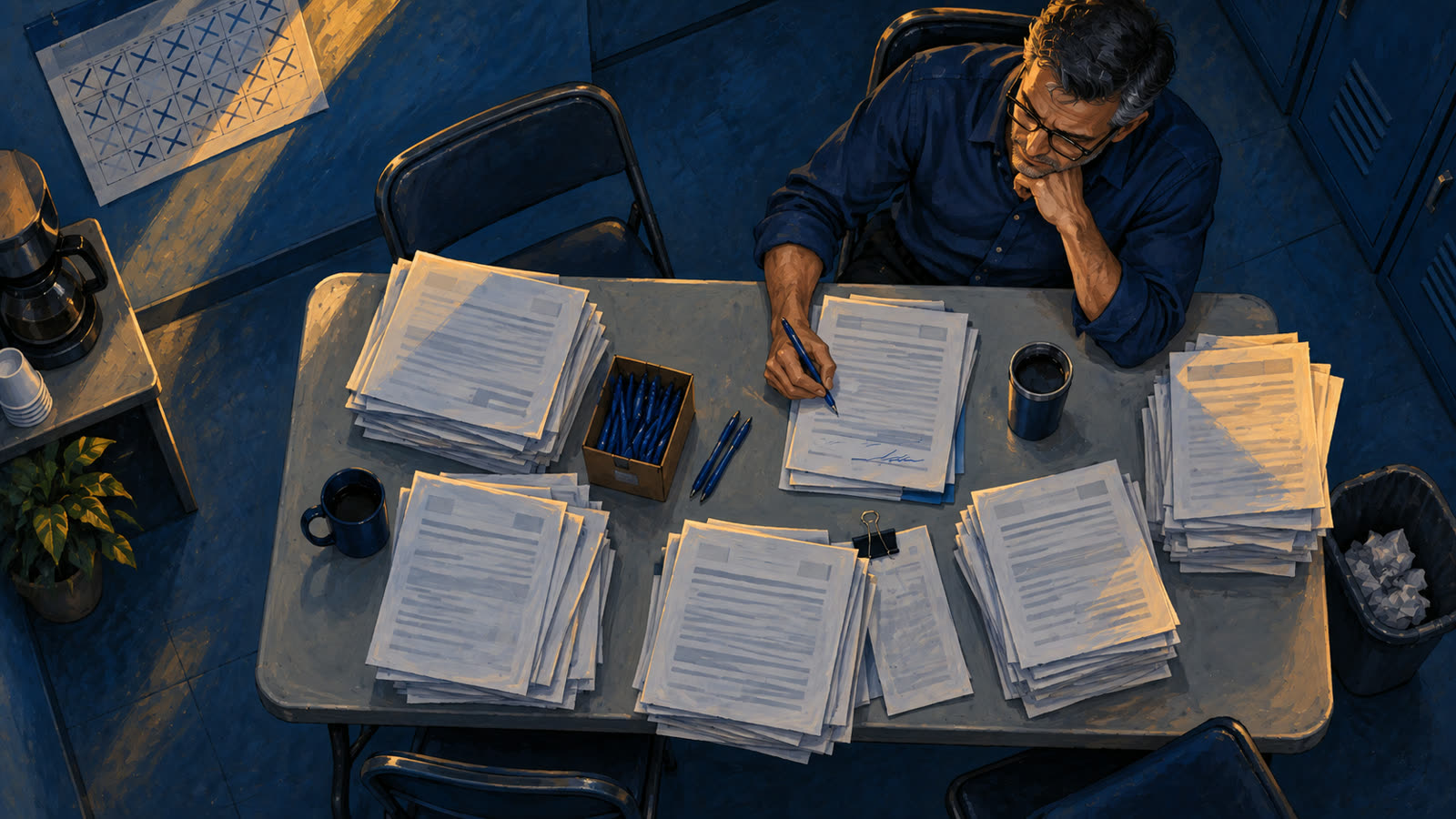 Overhead view of an HR manager at a folding table buried in paper enrollment packets and a box of pens.