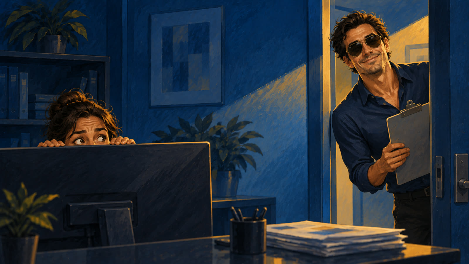 A producer with a clipboard leans in the doorway while an employee sinks behind a monitor to hide.