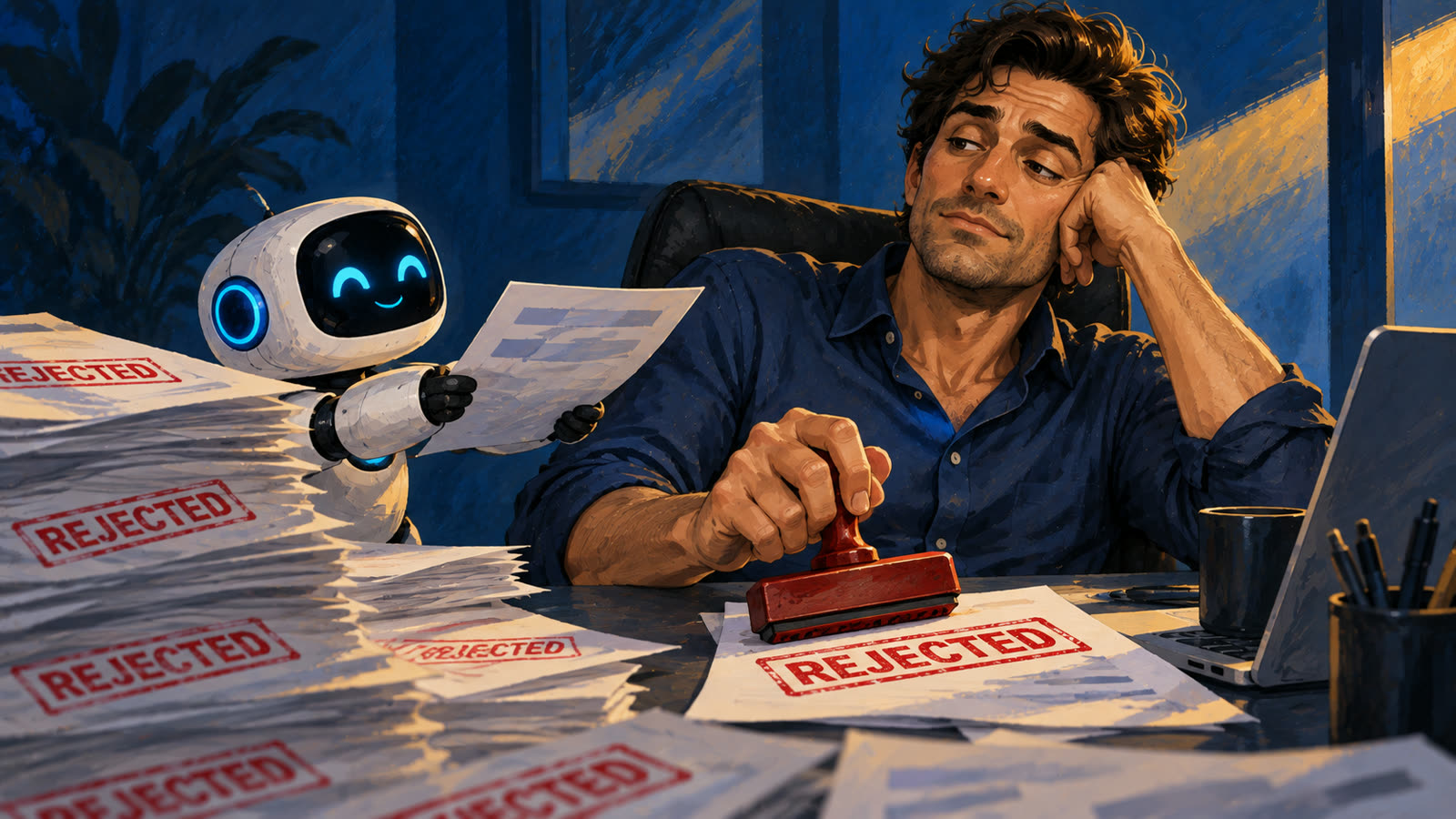 A producer with a red Rejected stamp and a pile of stamped drafts while a cheerful robot hands him another.