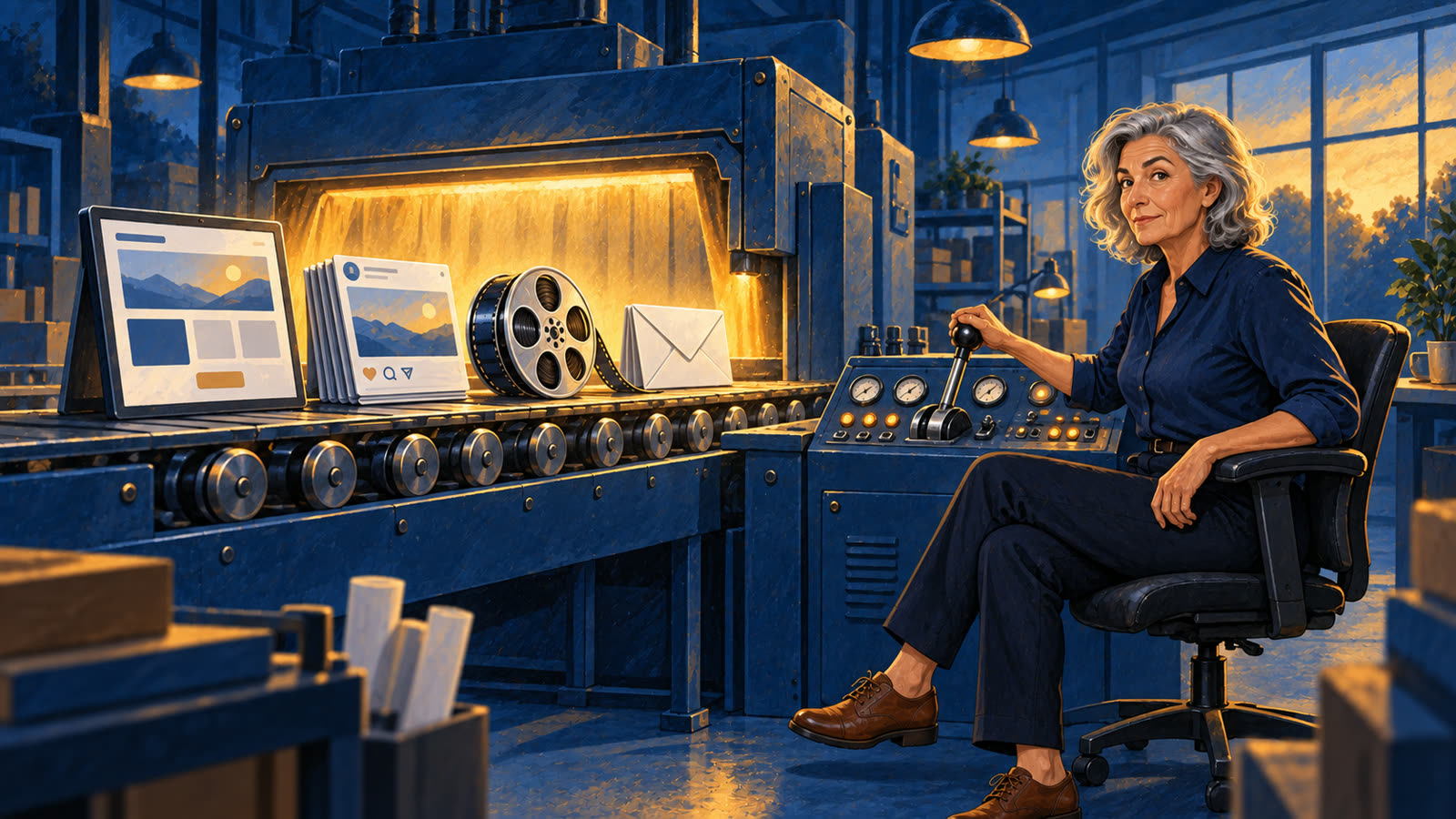 A woman with gray hair sits at a control desk with one hand on a lever while a conveyor belt carries a landing page, a stack of posts, a film reel, and an envelope out of a glowing machine.