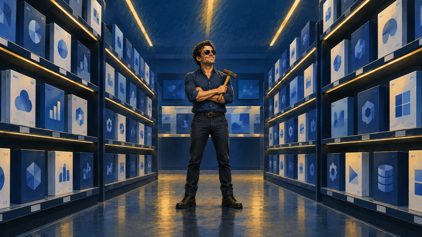 A man with crossed arms stands alone in a software store aisle of identical boxes.
