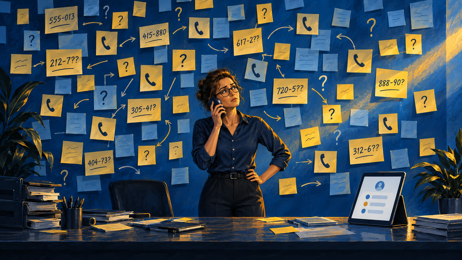 An HR manager on the phone in front of a wall of sticky notes with phone numbers and question marks, next to one clean tablet.