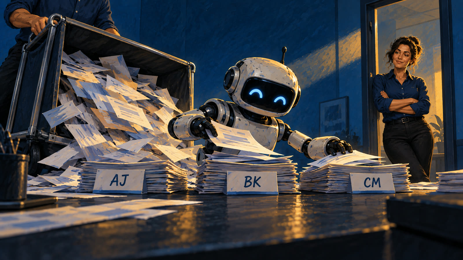 A robot sorts a spilled cart of carrier commission statements into stacks labeled with producer initials while a woman watches from the doorway.