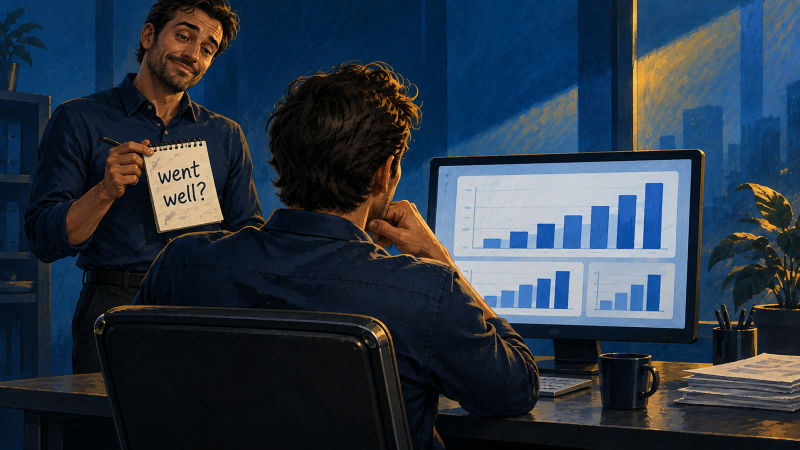 A salesperson studies a dashboard of bar charts while a colleague behind him holds up a note that says went well?