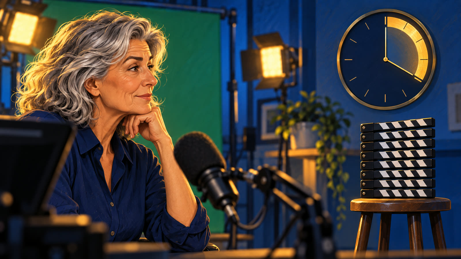 A gray-haired woman in profile in a small home studio, eight clapperboards stacked beside her and a wall clock showing four hours gone.