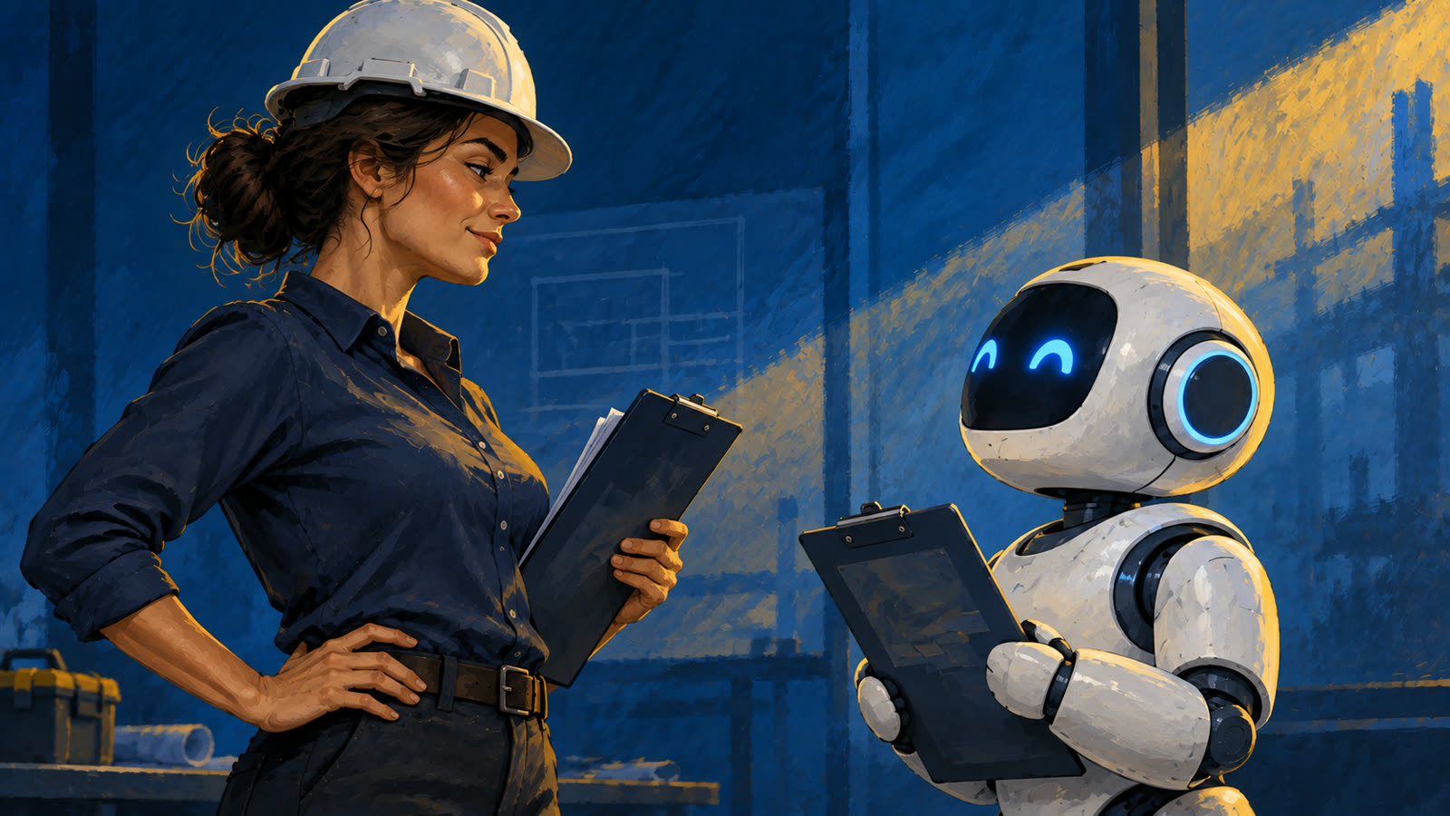A woman in a hard hat and a robot, both holding clipboards, size each other up.