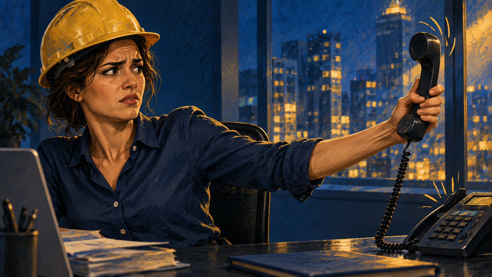 A woman in a hard hat holds a ringing desk phone at arm's length, eyeing it with suspicion.