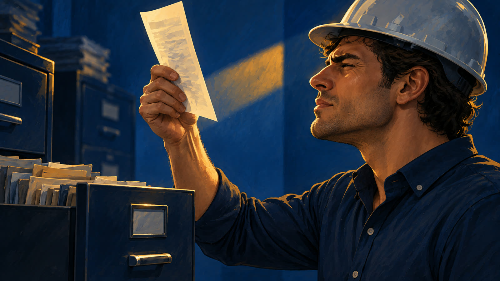 A man in a hard hat at an open filing cabinet squints at a single paper application held up to the light.