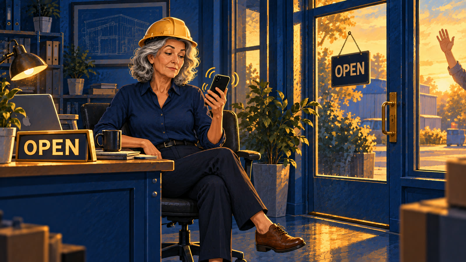 A woman in a yellow hard hat sits at a desk beside an Open sign, looking at a ringing phone, while a hand waves outside the window.