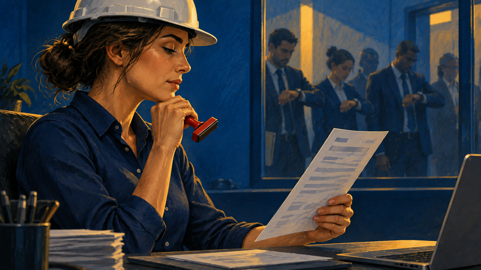 A woman in a hard hat weighs a carrier quote, stamp in hand, while people in suits wait outside checking their watches.