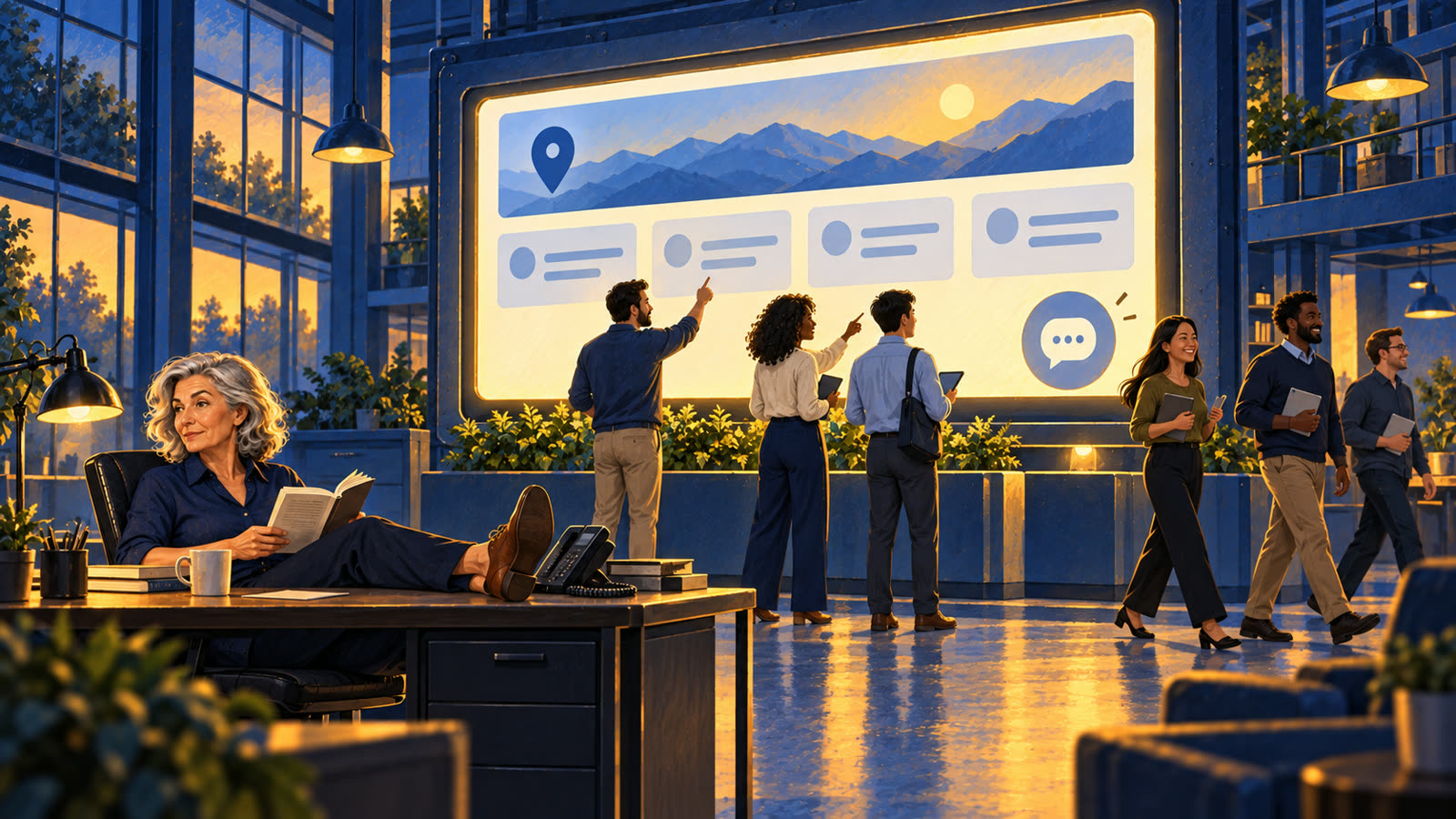 Employees find answers on a large landing page screen while the agency owner reads with her feet up and her phone stays silent.