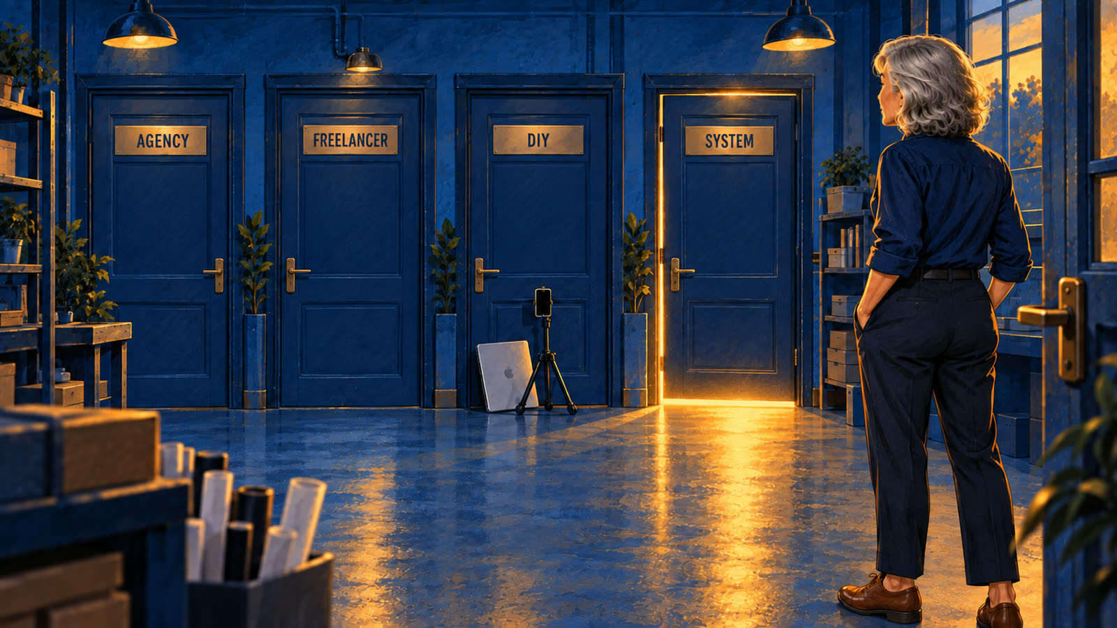 A woman looks at four blue doors labeled Agency, Freelancer, DIY, and System. A laptop and phone tripod lean by the DIY door, and warm light glows under the System door.