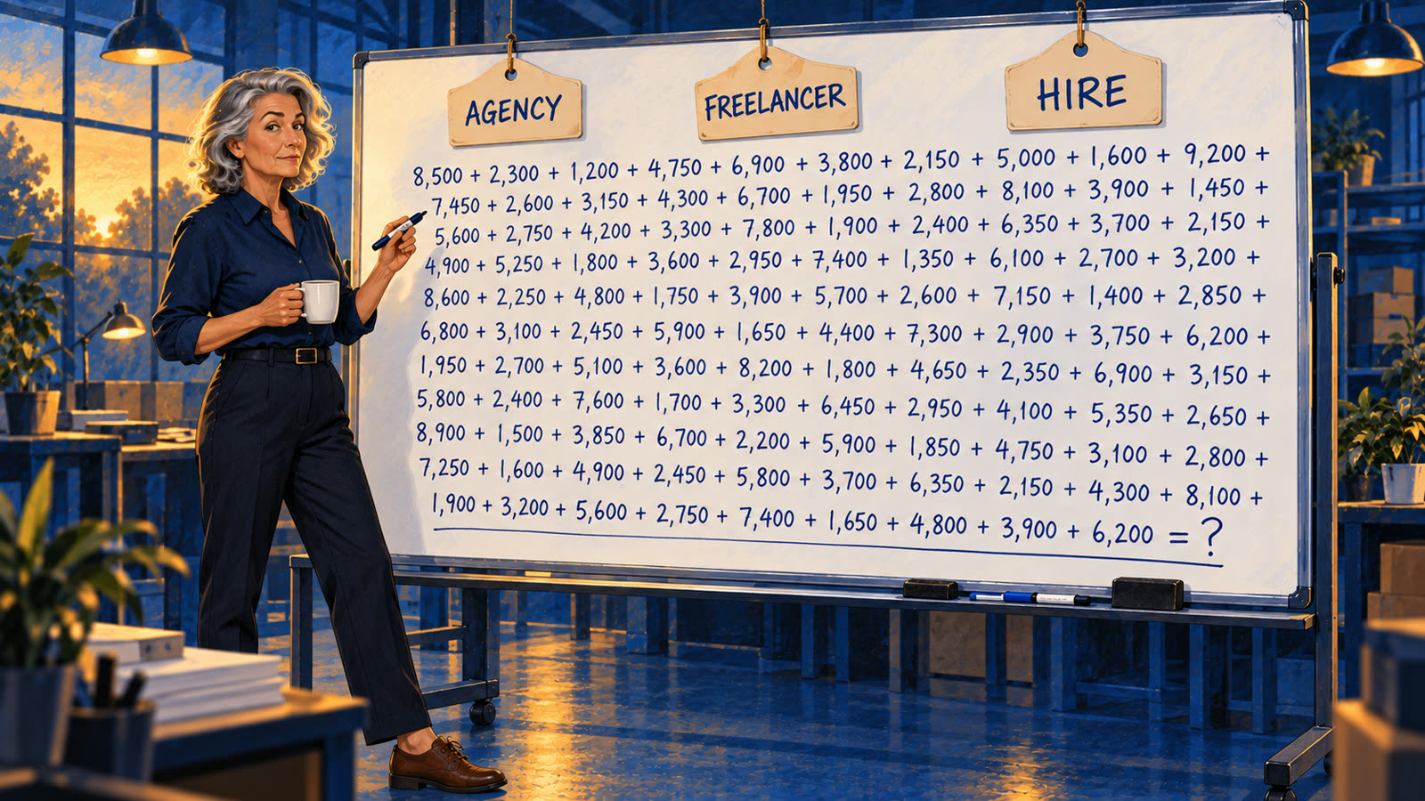 A woman with coffee and a marker stands at a whiteboard filled with a long column of numbers being added up, with price tags labeled Agency, Freelancer, and Hire hanging from the top.